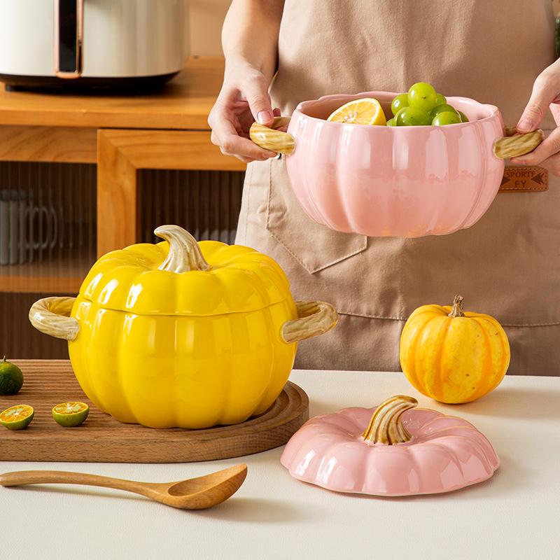 Creative Ceramic Soup Pot Household High-Value Pumpkin Binaural Soup Bowl Snail Noodle Bowl Large Soup Pot With Lid Large Bowl