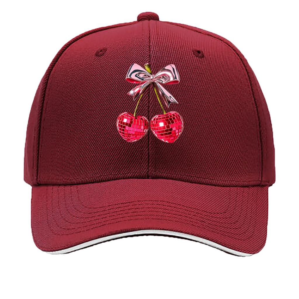 Pink Bow Red Disco Ball Cherries Graphic Sandwich Baseball Cap Unisex Women Sun Cap Outdoor Workouts Hat