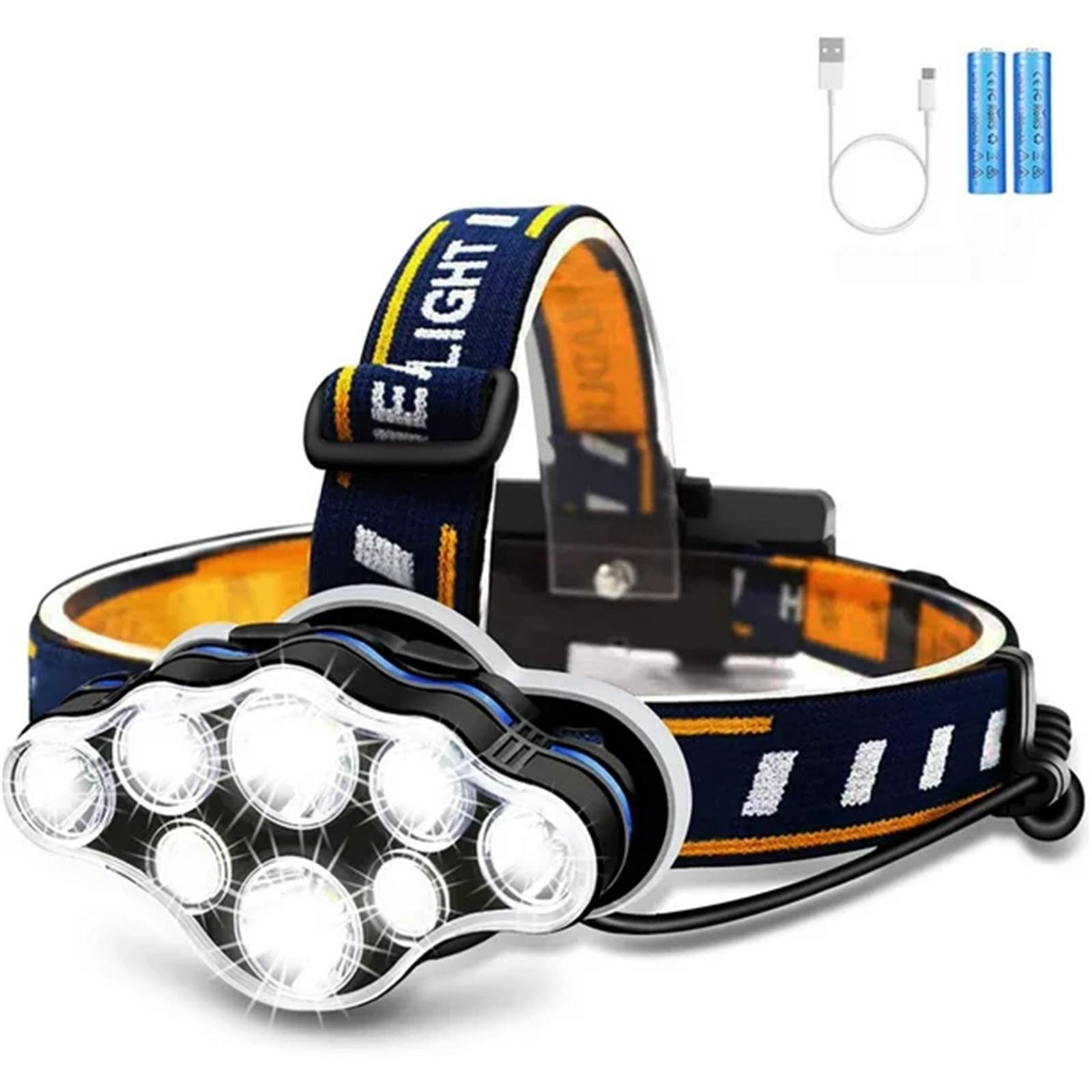 

8 LED Headlamp Flashlight 18000 8 Modes With Red Lights USB Cable 2 Batteries, Head Lamp One Size