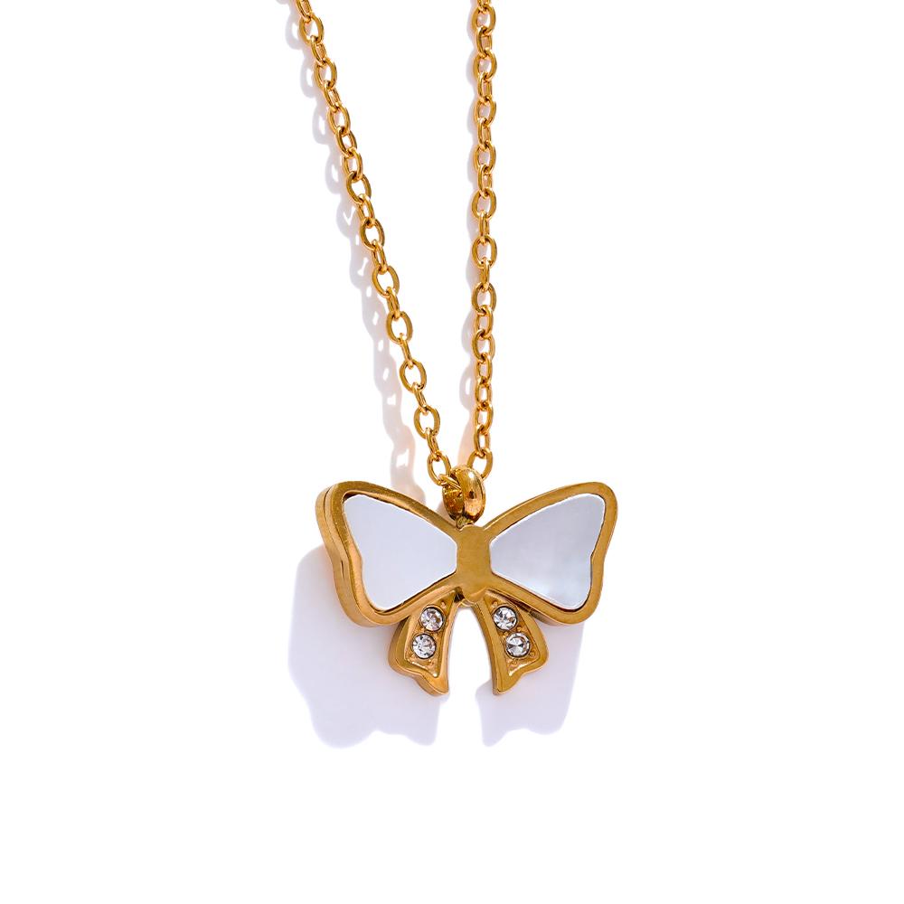 

Yhpup Delicate Fashion Butterfly Bow Knot Necklace Pendant Natural Shell Zircon Stainless Steel High-Grade Korean Jewelry Women