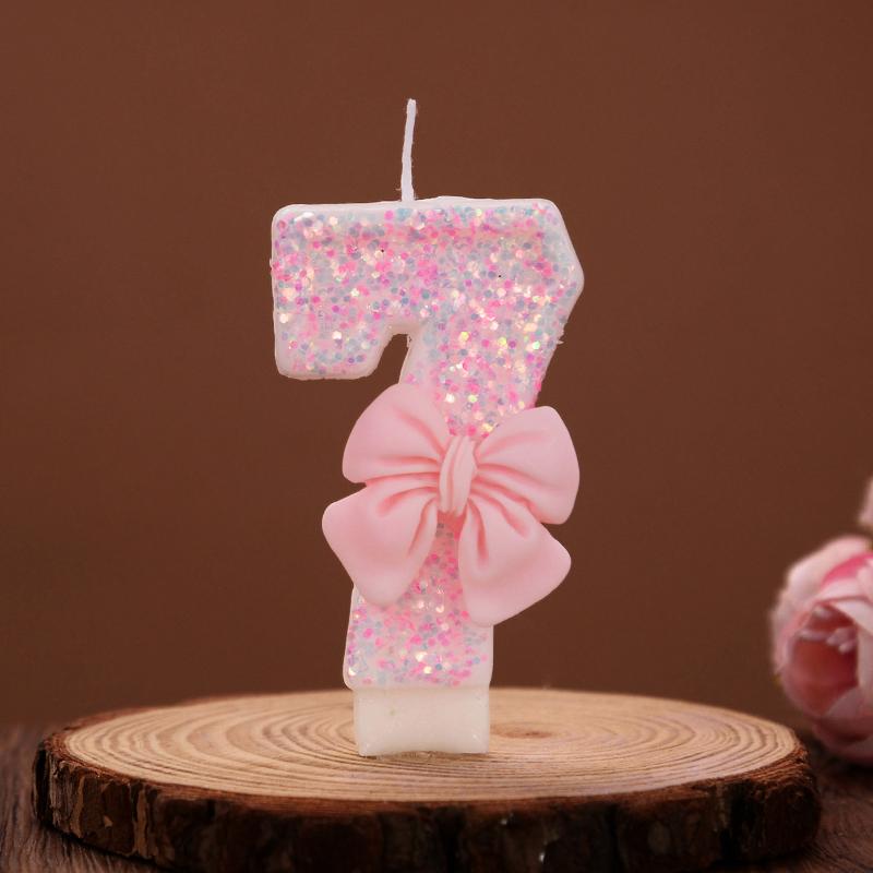 3D Number Cake Decorating Candles Cute Pink Bow Baby Girl Birthday Cake Topper Decoration Party Supplies 0-9 Digital Candle