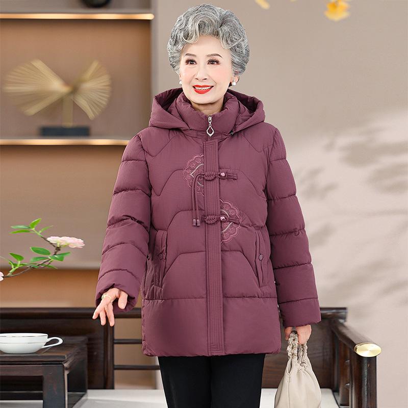 

Mid-Length Thickened Hooded Winter Down Coat for Elderly Women, Plus Velvet Grandma Style 4XL (135-150 Jin)