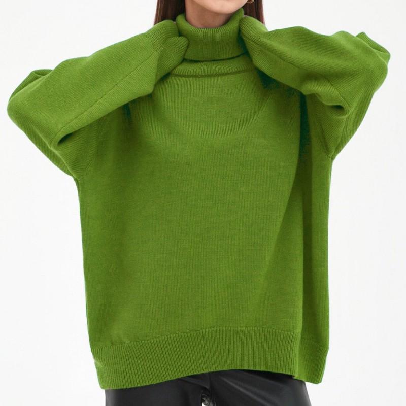 Womens Solid Color High Neck Knit Sweater Loose Fit Winter 2026 Casual Streetwear Long Sleeve Pullover