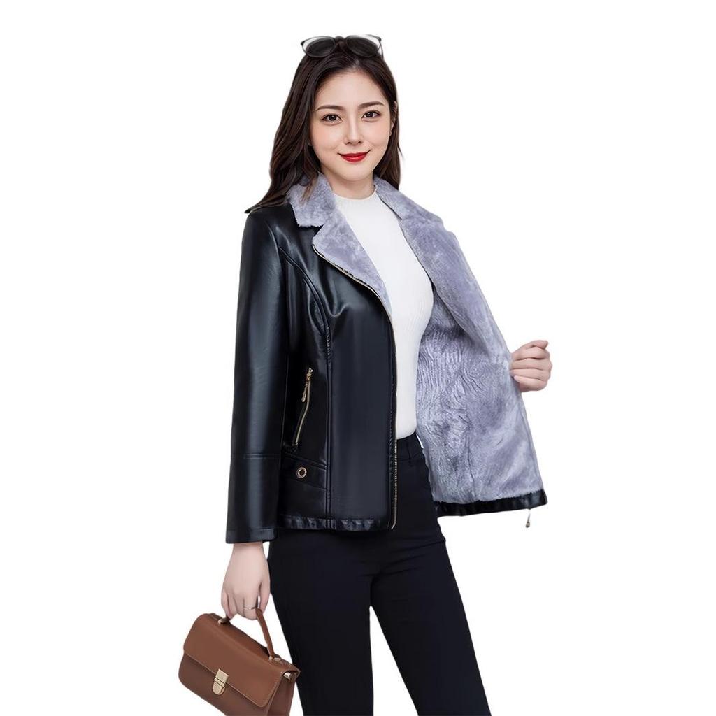 2024 PU Leather Plus Size Velvet-Lined Jacket for Middle-Aged & Elderly Women