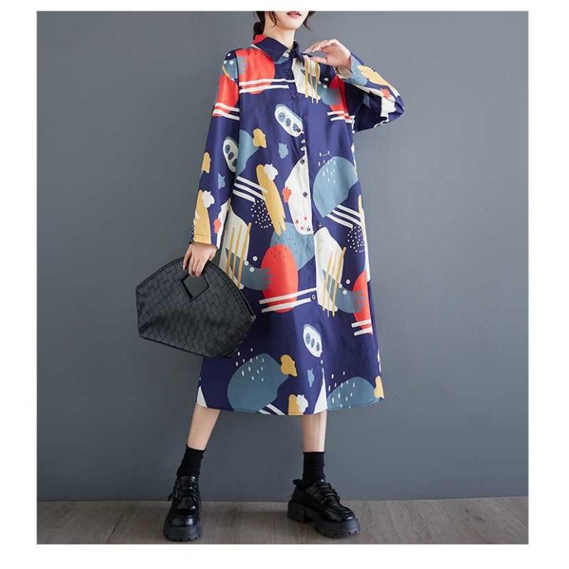 Loose Large Size Oceanic Printed Mid-Length Literary Vintage Dresses