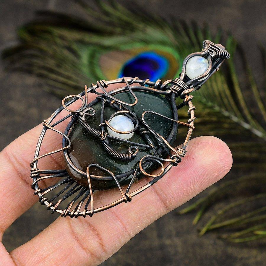 Bloodstone, Moonstone Copper Wire Wrap Jewelry Pendant 3.55" D4N68
