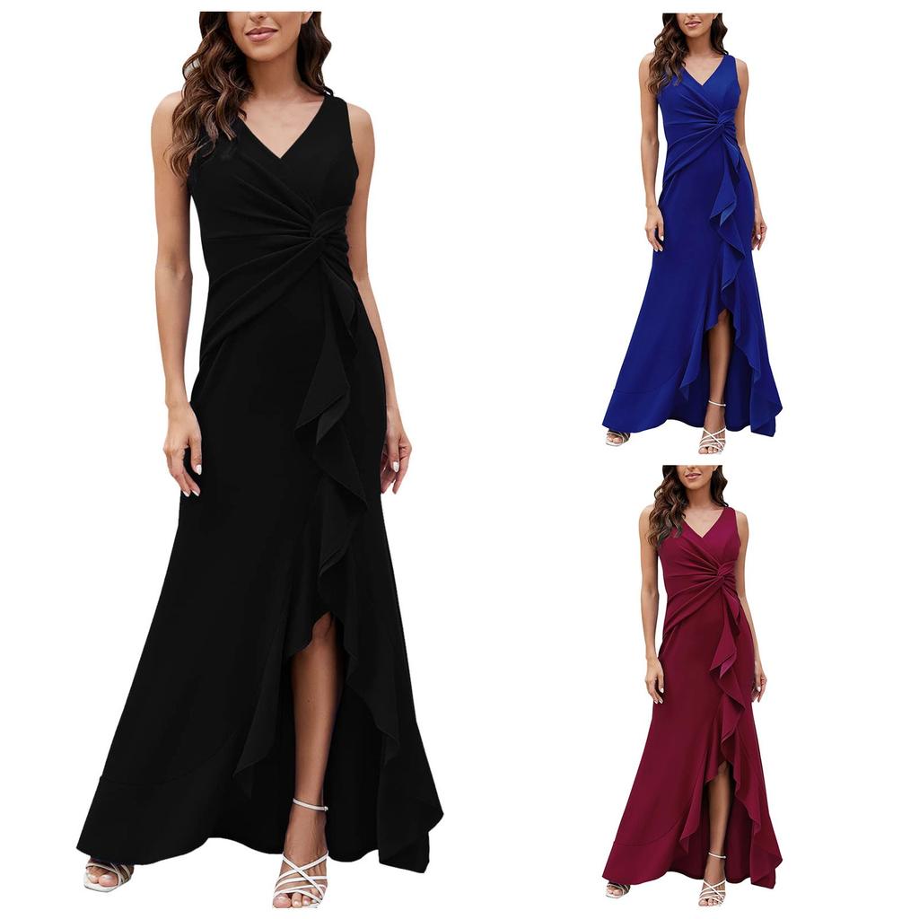 Sexy Slit Ruffled Sleeveless Evening Women's Dresses Fashionable V Neck Slim Pleated Elegant Female Maxi Long Dress
