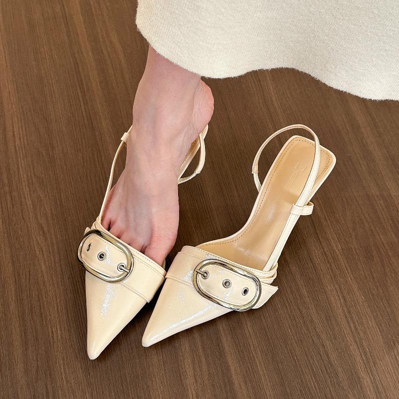Fashion Metal Buckle High Heels Sandals Women Summer Silver Shallow Mouth Party Shoes Woman Korean Style Pointed Toe Thin Heels Sandals