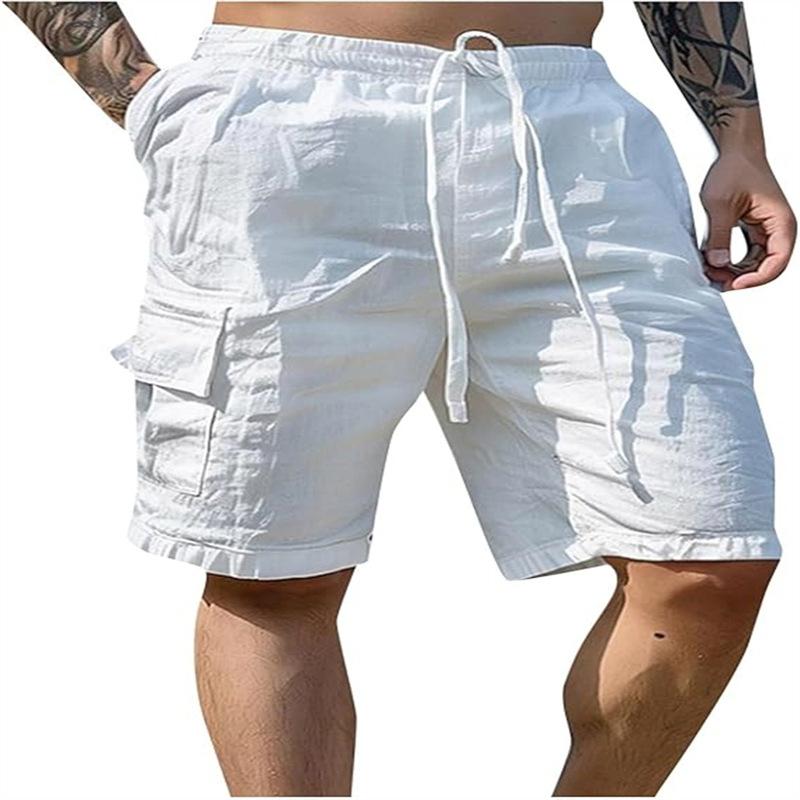 Sommer Herren Einfarbig Kordelzug Baumwolle und Leinen Mehrfach-Taschen Werkzeug Locker Outdoor Atmungsaktiv Shorts