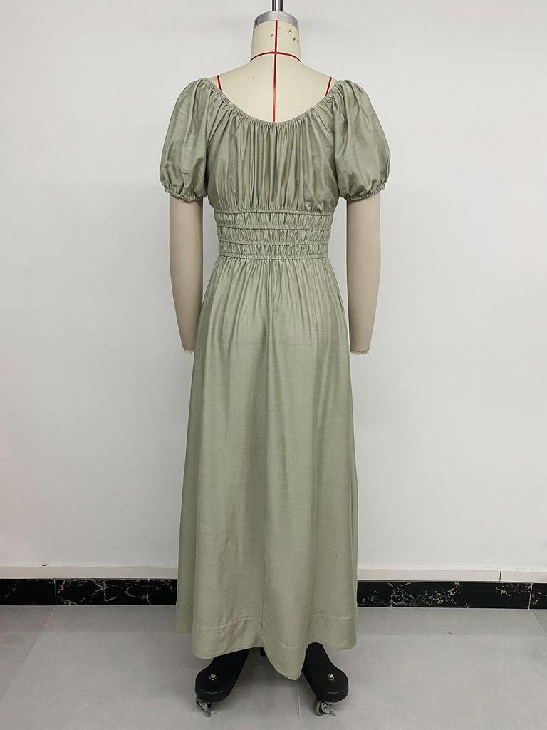 2026 Spring/Summer Elegant French Square Neck Puff Sleeve Long Dress for Women
