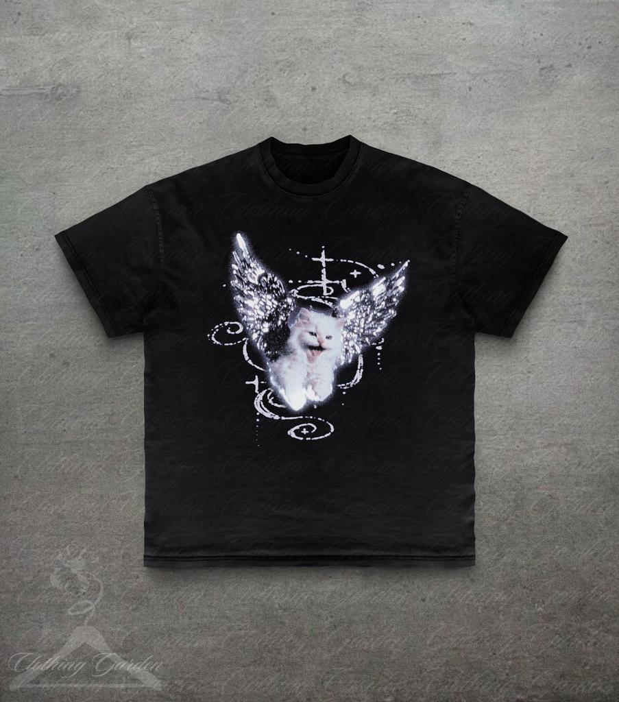 Angel Cat Graphic Tee, Cute Cat Shirt, Y2K Grunge Style Top, Funny Cat Gift For Her, Unisex Vintage 90s Kitten T-Shirt