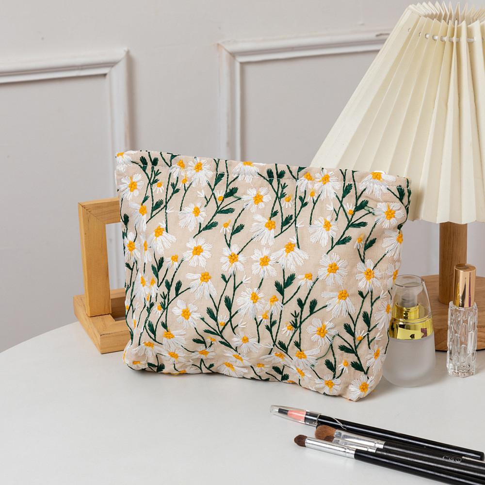 Canvas Embroidery Cosmetic Bag With Floral Pattern For Travel And Home Use