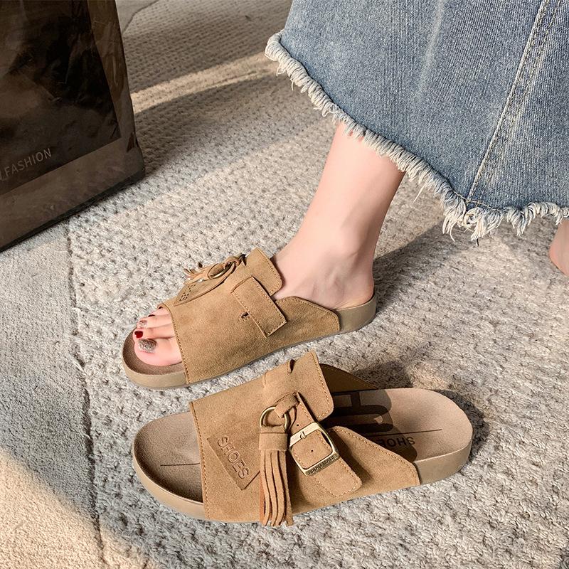 Fashion Korea Ladies 2025 Summer New Thick-Soled Retro Tassel Slip-On One-Strap Lazy Women's Outdoor Solid Soft-soled Sandals