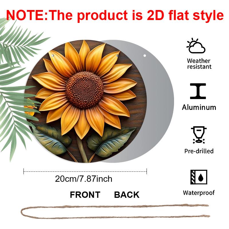 2D Flat Aluminum 7.87 Inch X 7.87 Inch Sunflower Pattern Wall Decoration, Rustic Style, Suitable for Gardens, Farmhouses, Cafes, Living Rooms