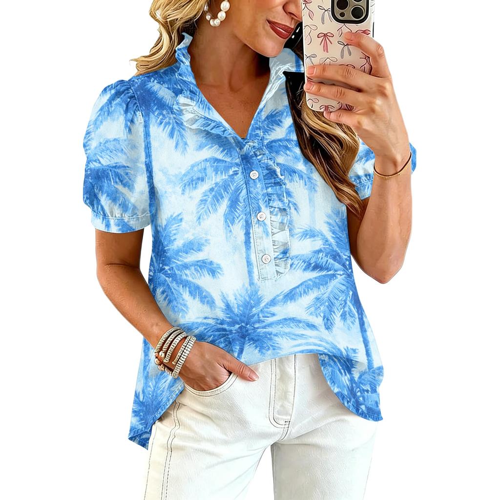 Women’s Casual Ruffle V Neck Top with Hawaiian Tree Print Short Puff Sleeve Button Down Relaxed Fit Summer Blouse