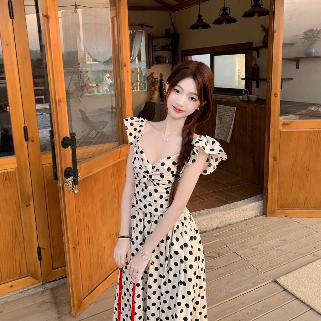 French Chic Polka Dot Summer Dress: Elegant Pleated Long Skirt with Slim Waist