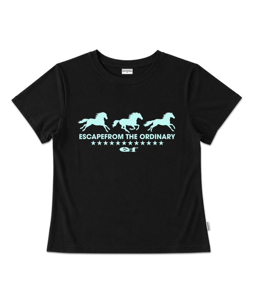 ESCAPEFROM [Escf X Hot Today] Stardust Horses Print Slim Fit Short Sleeve T-Shirt Black