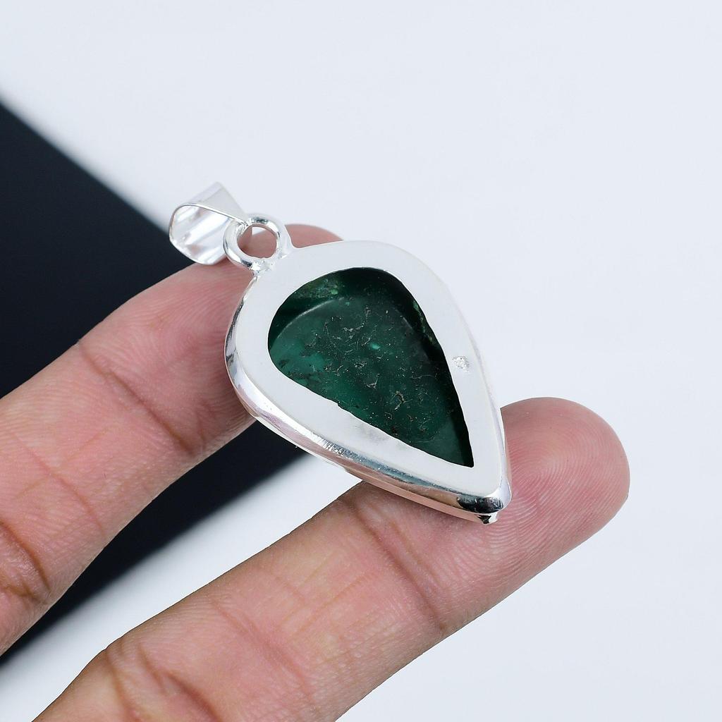 Natural Malachite Gemstone Silver Pendant in 925 Sterling Silver - Handmade Pear Design, Everyday Wear Jewelry Party Wear Gift
