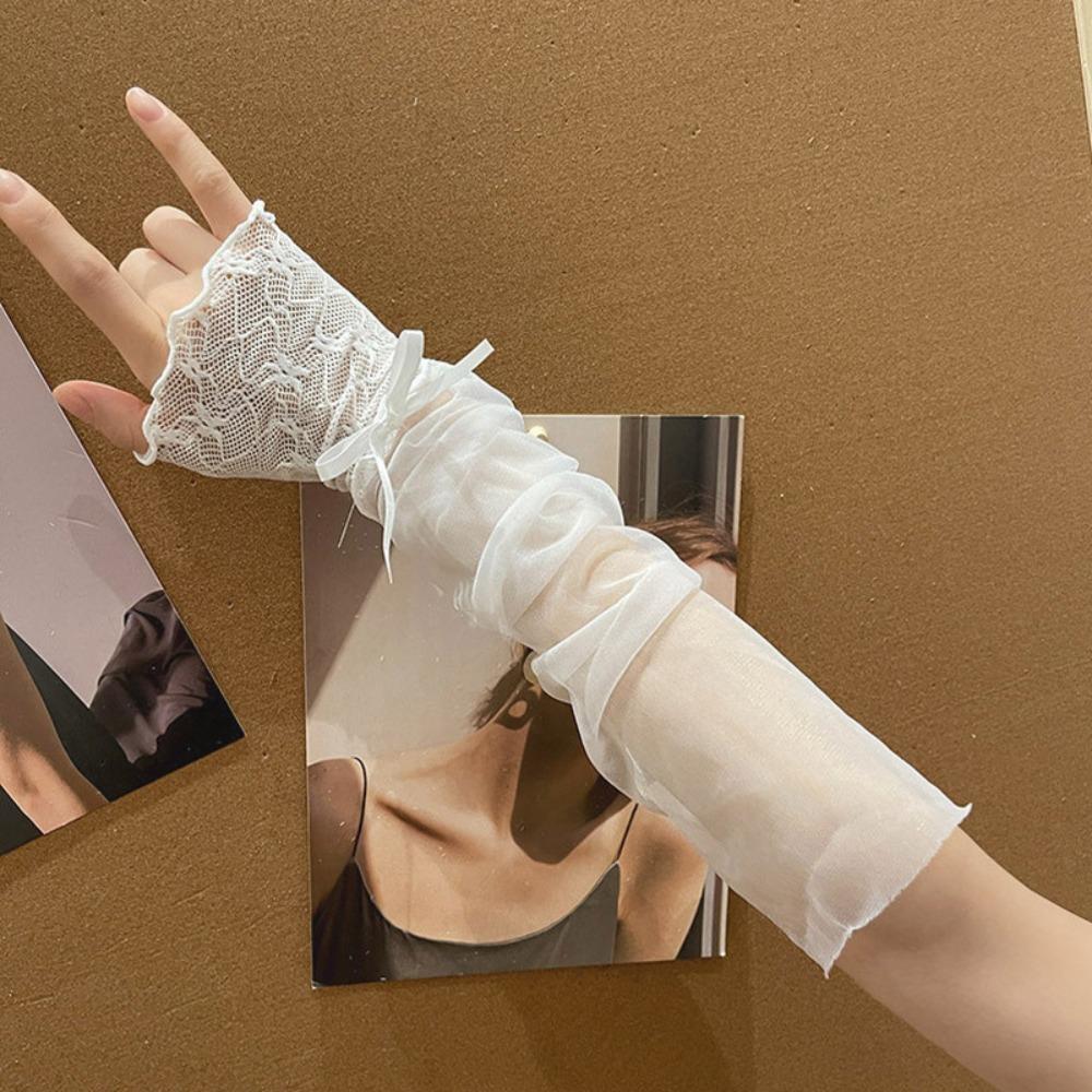 Kawaii Lace Ruffle Arm Sleeves Bowknot Strapping Fishnet Design Lace Gloves Elastic Cuff Mesh Gloves Clothes Accessories