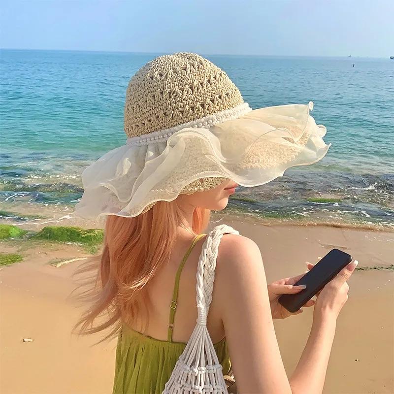 WTEMPO Khaki Beige Ins Elegant Lace Straw Hats with Large Brim Women Summer Vacation Beach Seaside Pearls Mesh Sun Hats