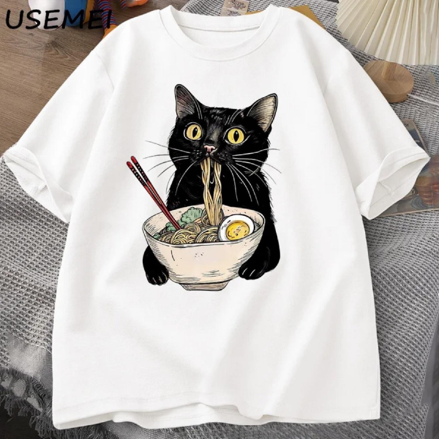 

Noodle Ramen Cat T-shirt Gourmet Lover T-shirt Black Cat Noodle T-shirt Retro Street Casual Fashion T-shirt Men s XXXXXL білий