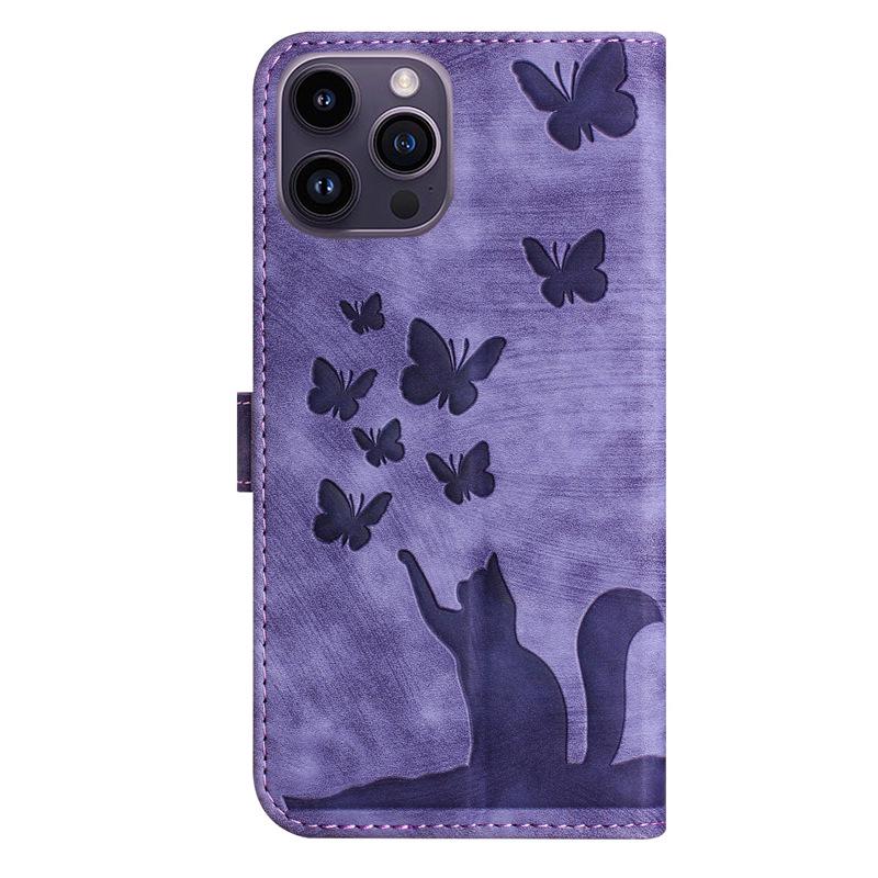 Butterfly Cat Embossed Leather Flip Case for Apple iPhone Pro Max SE3 - Card Holder for Women