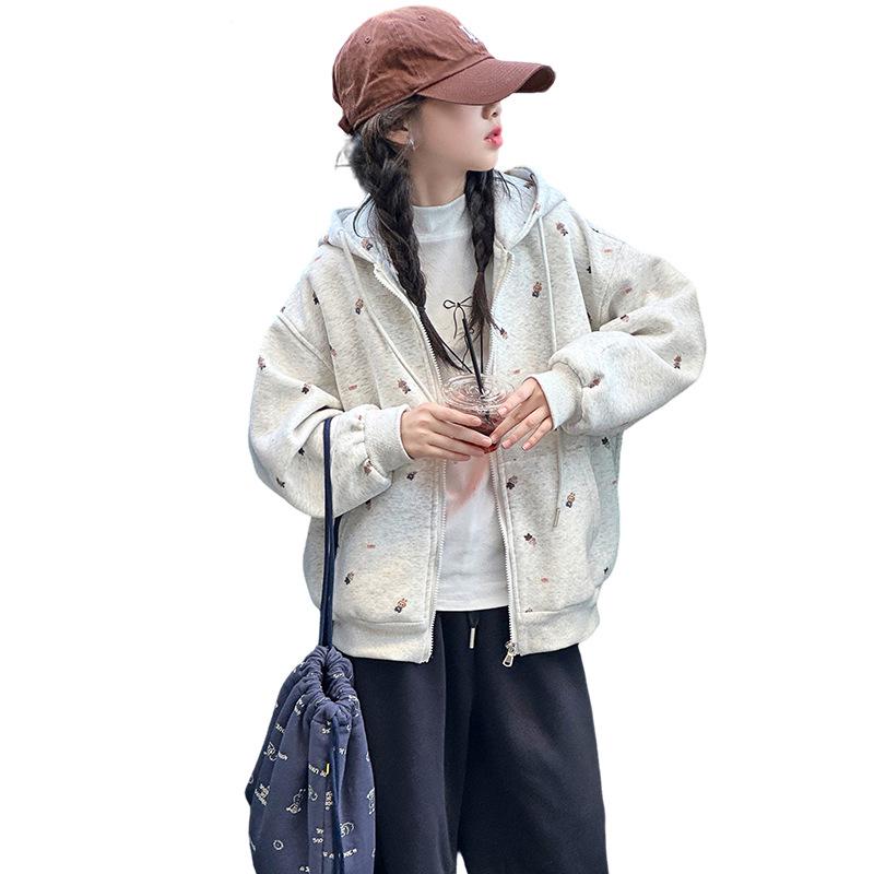 Girls' Loose Fit Zip-Up Hoodie - Autumn 2025 Collection: Lazy Style Hooded Jacket for Big Girls (Spring and Autumn)