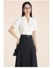 Women's Professional Short Sleeve V-Neck Satin Blouse - Iron-Free, Wrinkle-Resistant, Blue.