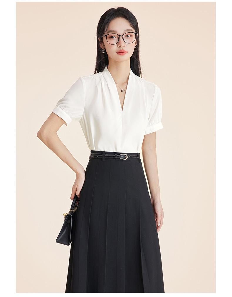 Women's Professional Short Sleeve V-Neck Satin Blouse - Iron-Free, Wrinkle-Resistant, Blue.