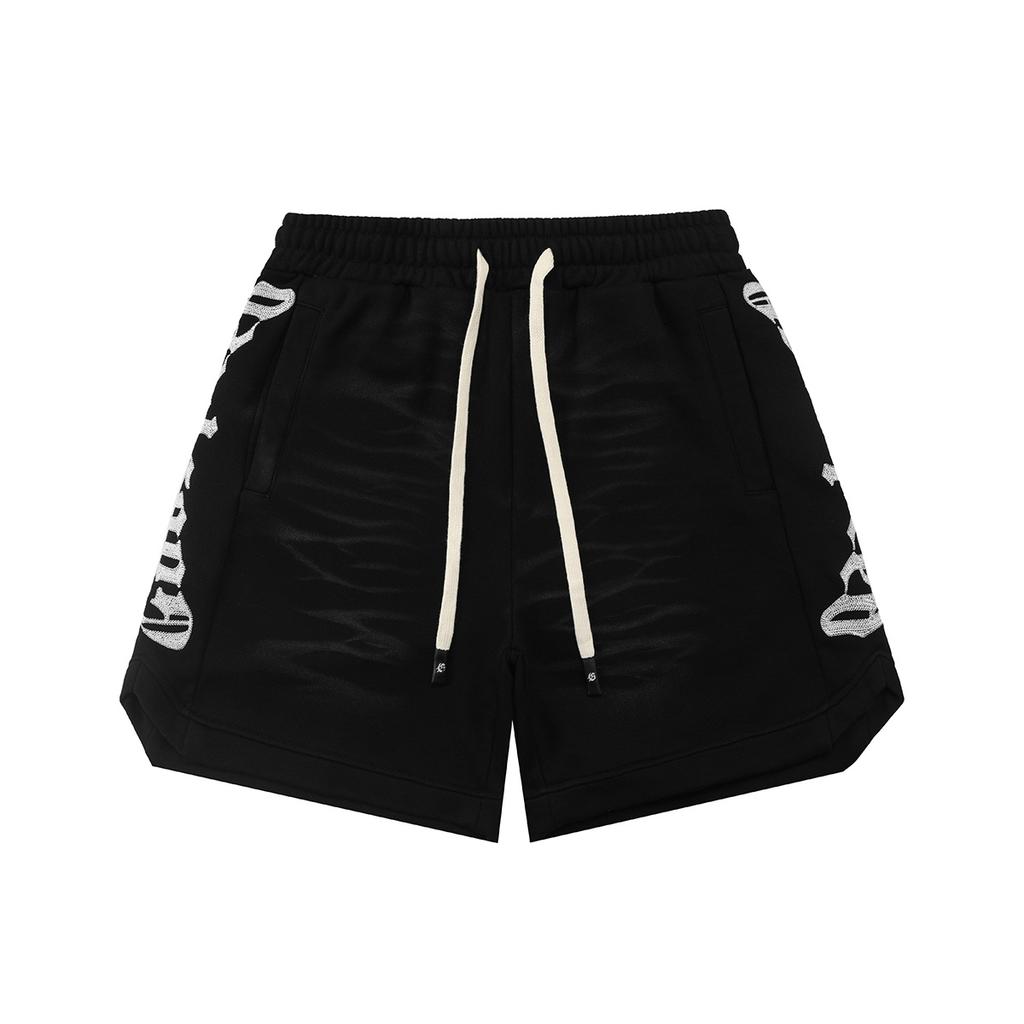 Men's Gothic Embroidered Shorts Washed Vintage Hip Hop Streetwear Loose Sweat Shorts