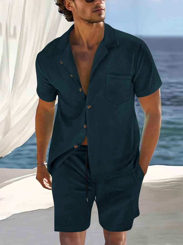 Conjunto de Camisa de Gola Cubana de Manga Curta e Shorts de Verão Masculino, Conjunto Casual Leve de Duas Peças com Caimento Relaxado