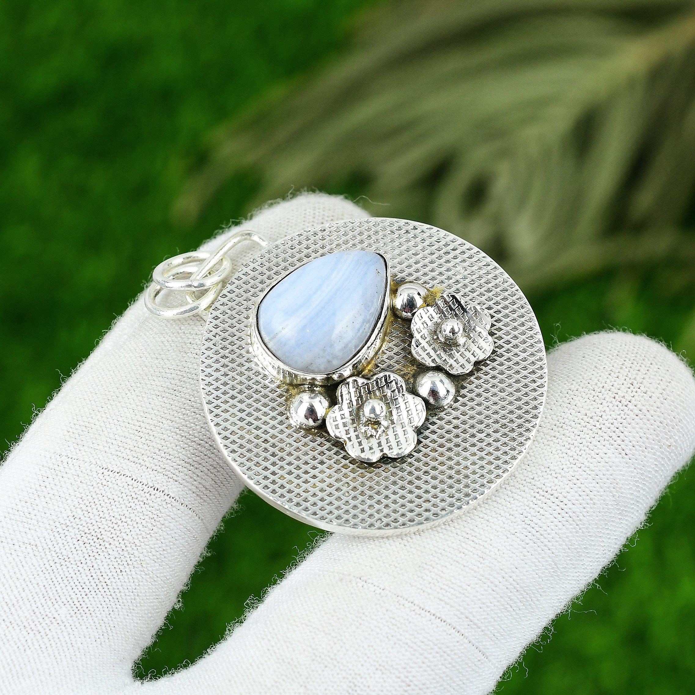 

Birthday Gift For Her Natural Blue Lace Agate Gemstone Pendant 925 Silver