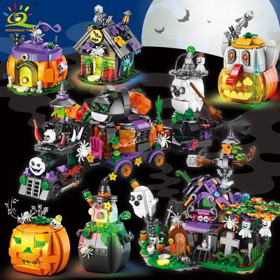 Halloween Model Building Blocks City Pumpkin Ghost House Train Car MOC Bricks Set Toy for Children Home Decoration Gift