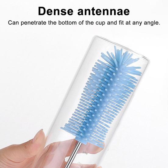 Silicone Bottle Brush with Stainless Steel Long Handle Press-Rotating Design Soft Bristle Cup Brush
