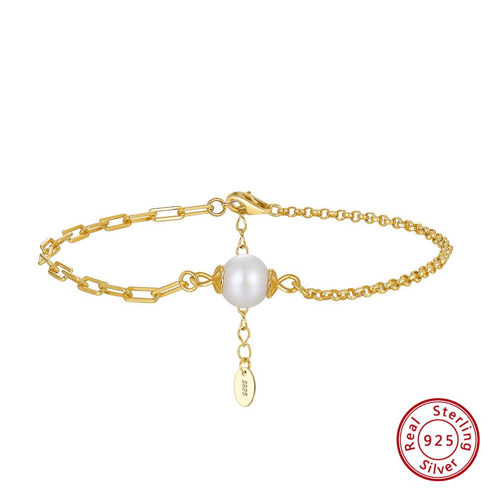 

EFFIE QUEEN Simple 14K Gold Plated Real Pearl Chain Bracelet for Women 925 Sterling Silver Designer Fashion Jewelry Gift GPB33
