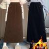 High-Waist Black Corduroy Midi Skirt: Thickened for Autumn/Winter with Slimming Slit