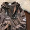 Letter Embroidered Hooded Pocket Loose Casual Sweatshirt Cardigan Jacket