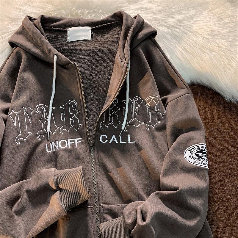 Letter Embroidered Hooded Pocket Loose Casual Sweatshirt Cardigan Jacket