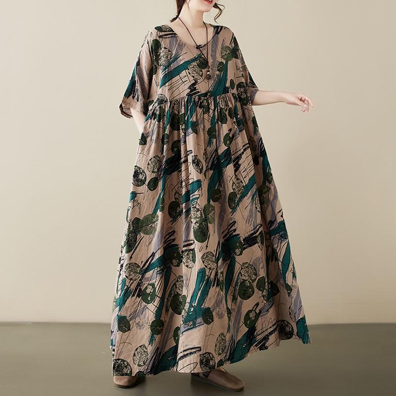 Kurzarm Plus-Size-Baumwolle im Vintage-Stil mit Blumenmuster, neu in Kleidern für Damen, lässig, locker, für den langen Sommer