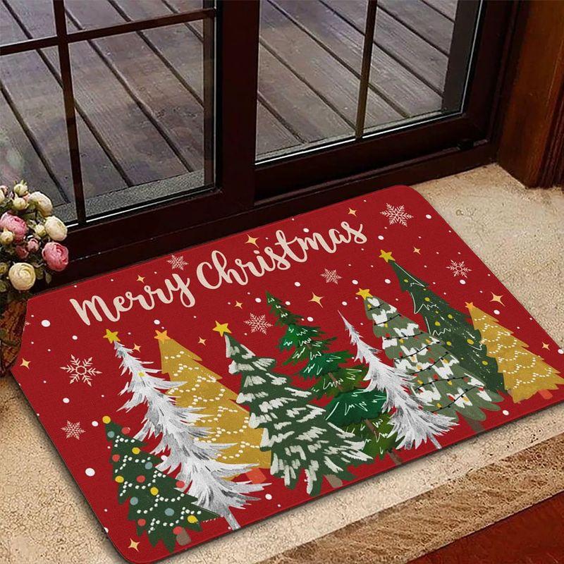 Red Merry Holiday Colorful Evergreens Snow Crystal Entry Rug Festive Greeting Floor Mat Skid Resistant Room Decor Soft