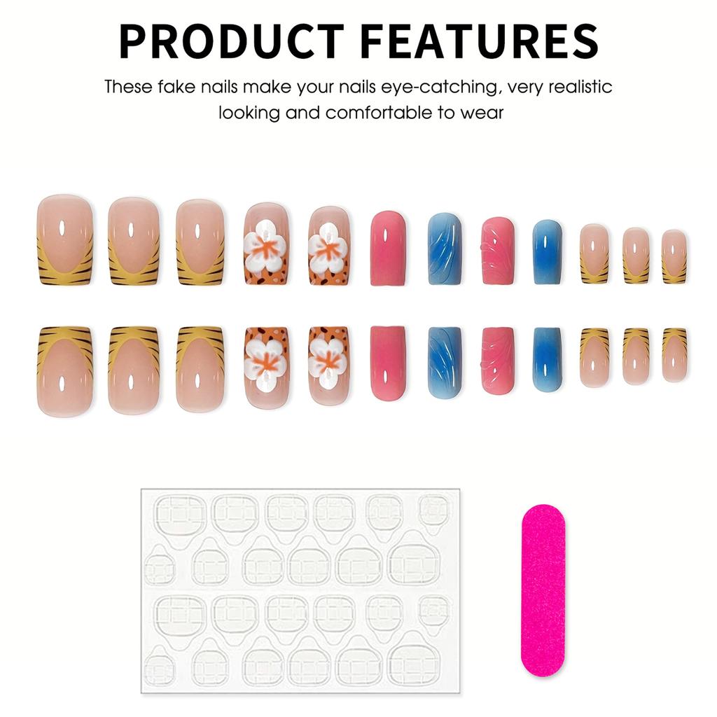 24pcs Flower Square Press On Nails Floral Pattern Removable Press On Nails for Stage Performance Wear