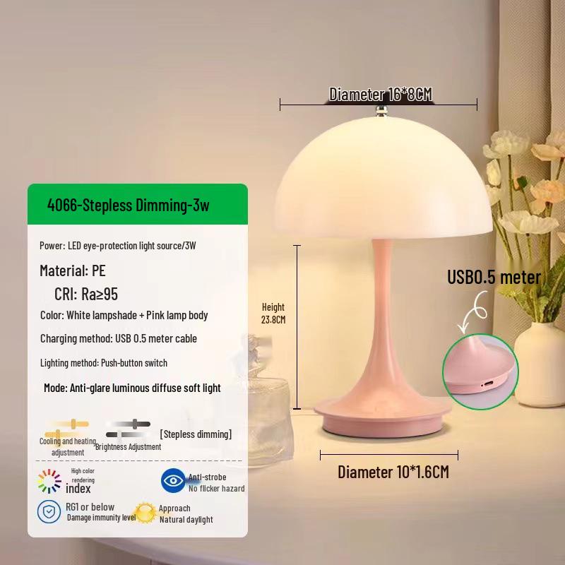 

Slim Waist Mushroom Table Lamp: Dimmable, Eye-Protective Night Light for Bedroom and Living Room, European Style. рожевий