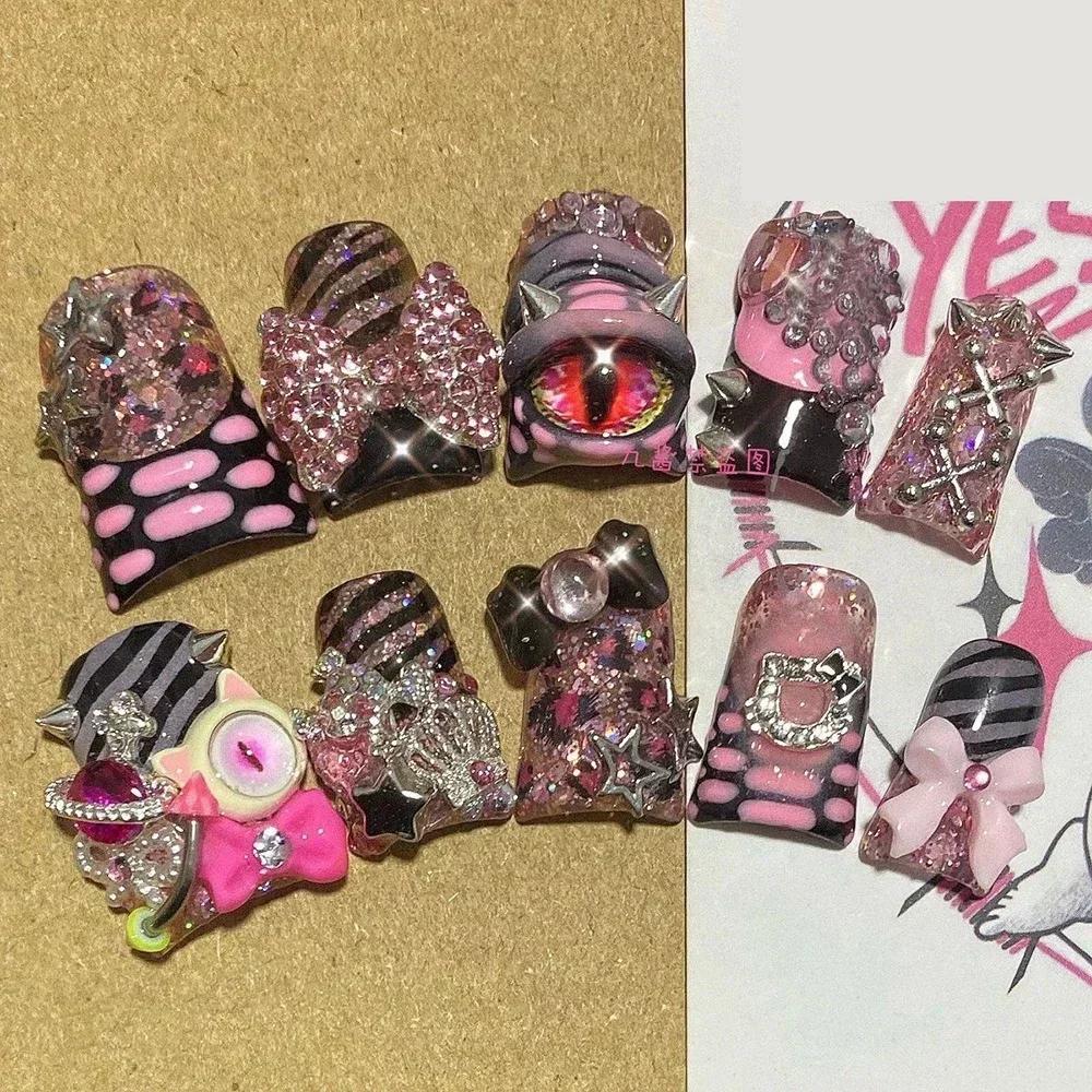 Kawaii Handmade Square Press On Nails Art Party Stickers Cute Flower Panda Bear Animal Custom Acrylic Fake Nails
