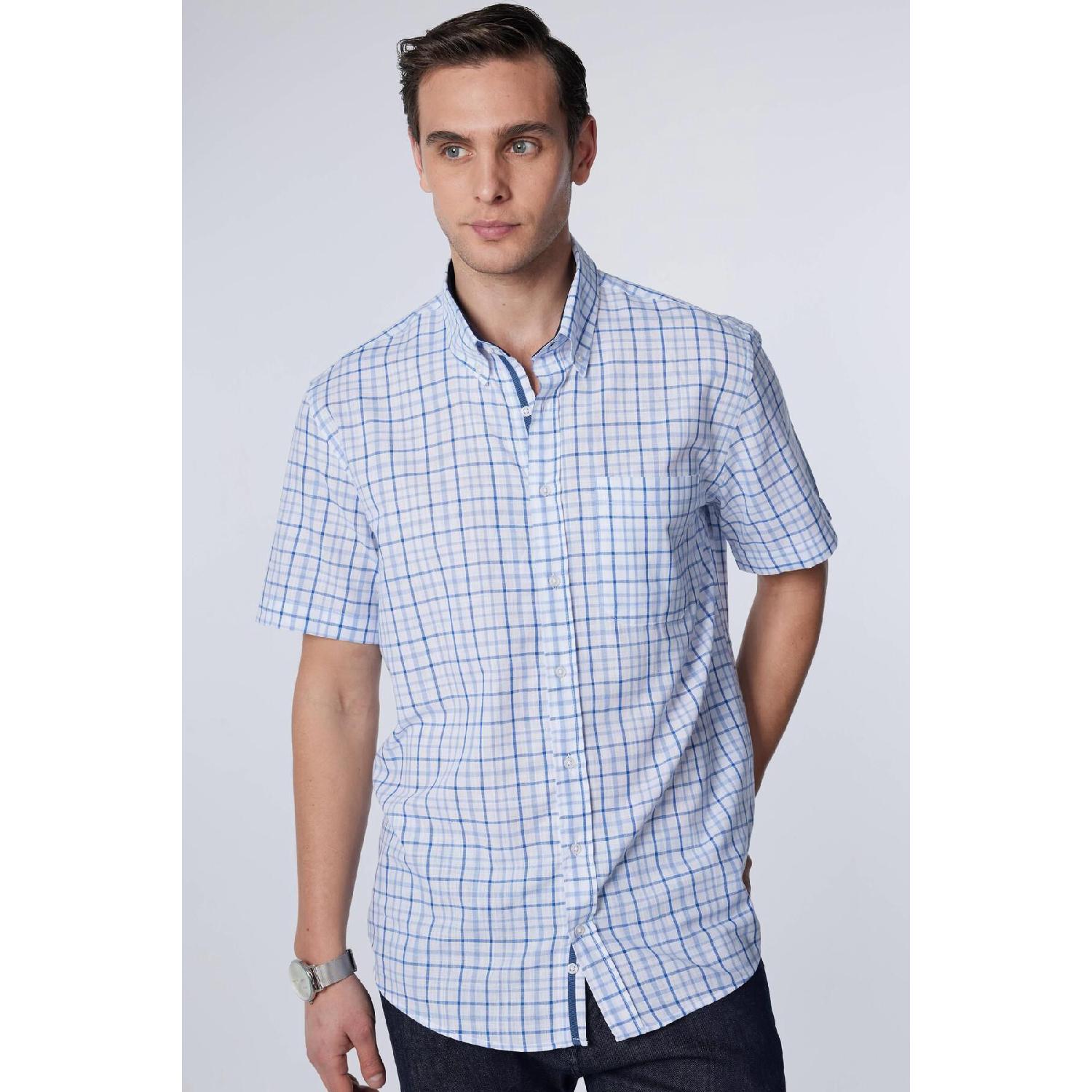 

Мужская классическая рубашка обычного кроя с коротким рукавом из 100% хлопка и льна с одним карманом и воротником на пуговицах M