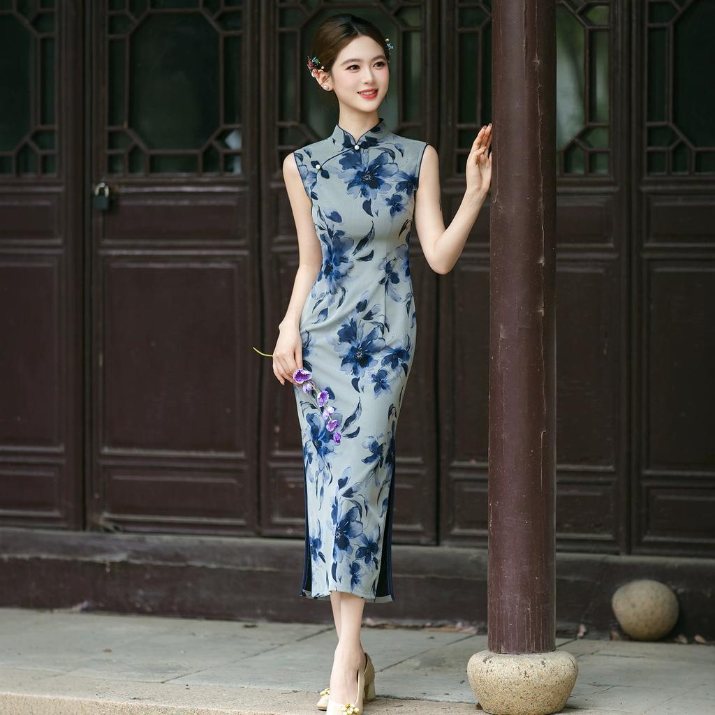 1011 summer Chinese style improved Jiangnan ink printing composite mesh Oriental rhyme women's spring and summer sleeveless cheongsam long