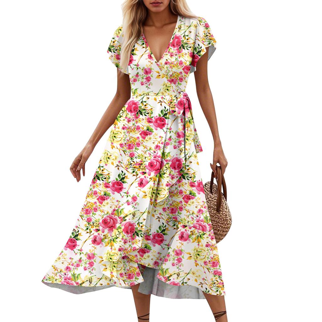 Women's V-Neck Waisted Floral  Print Short Sleeve Dresses