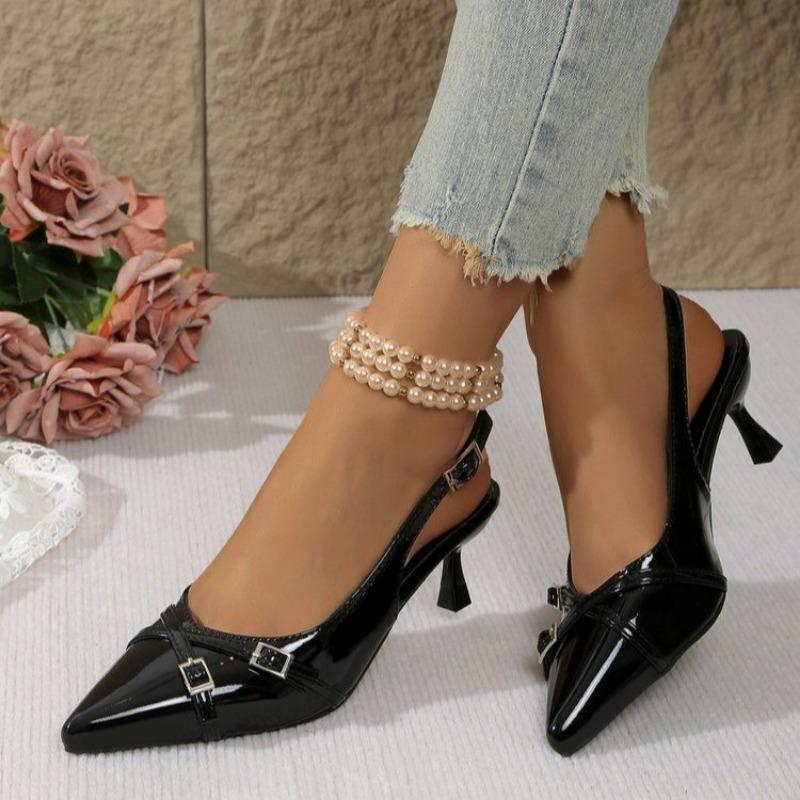 Fashion New Summer Women's Dress Shoes Patent Leather Slip On Pointed Toe Sandals Buckle Slingbacks Mid Heels Pumps Sandalias Mujer