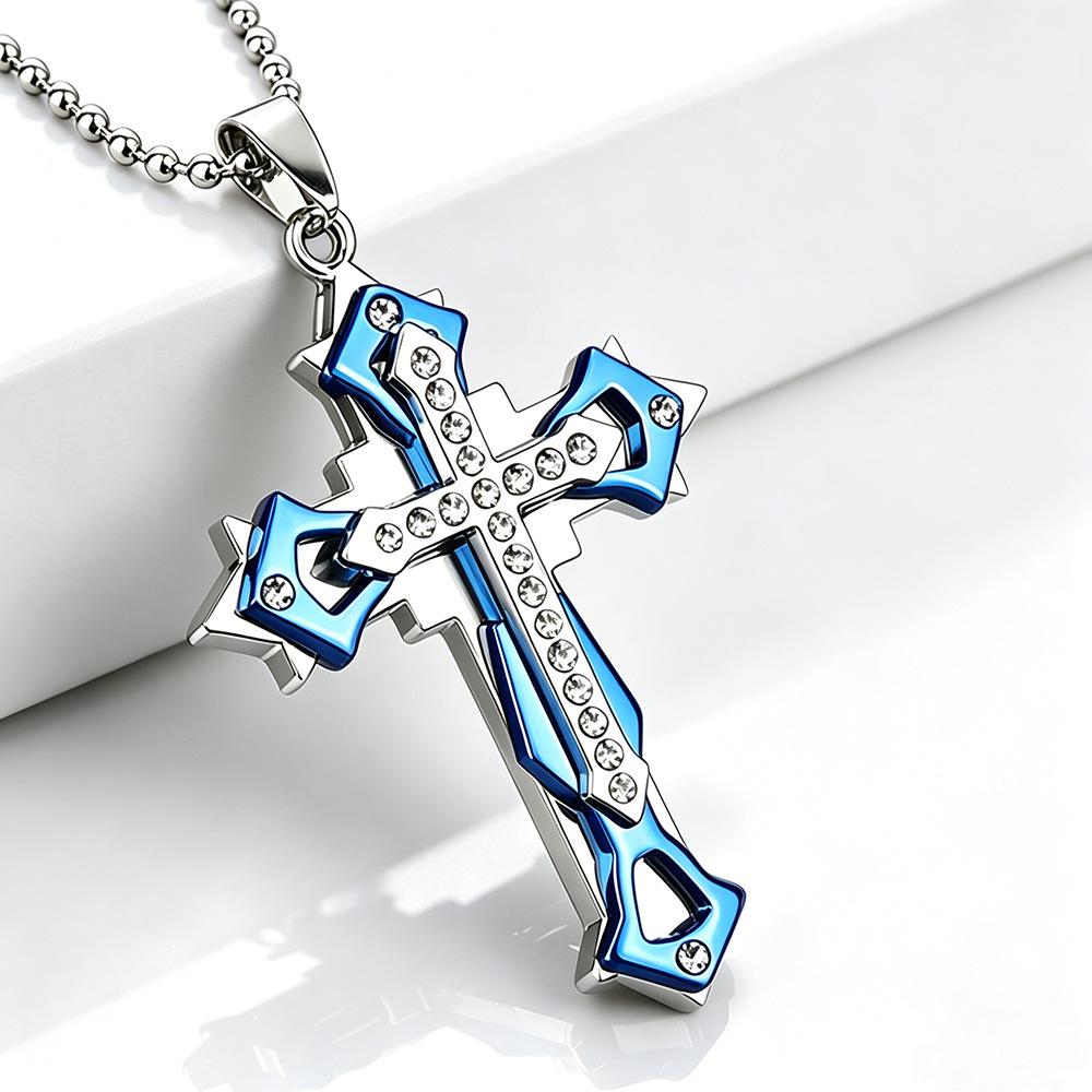 Men's Multi-layer Three-color Diamond Inlaid Cross Necklace