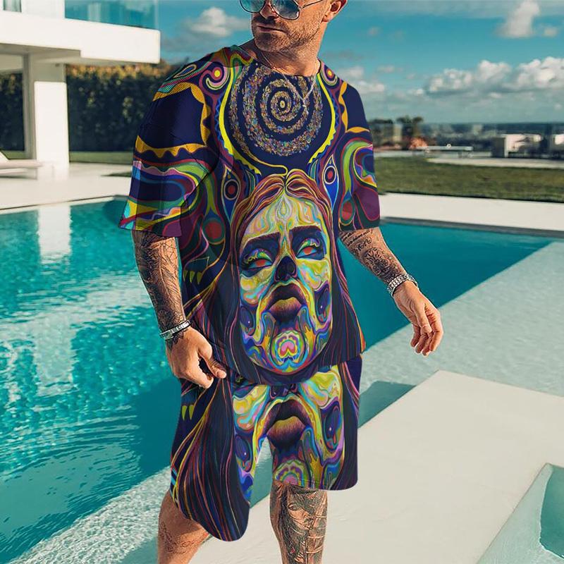 3D Printing Oversized Leisure Mens T Shirts Shorts Suit Three-Dimensional Graphic Retro Style O-NeckComfortable Breathable