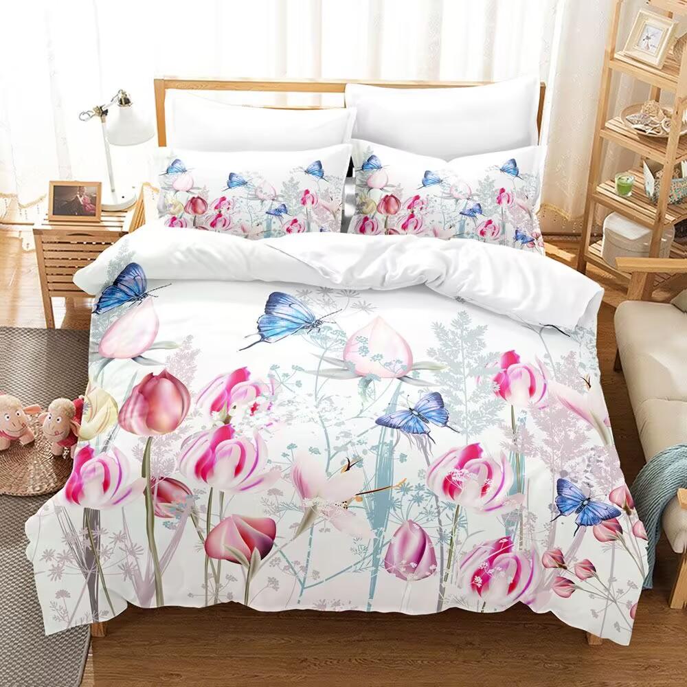 Pink Flowers Bedding Set 3D Print Comfortable Wrinkle-Free Floral Duvet Cover Set Twin King Queen Size Bedroom DeDuvet Cover Set